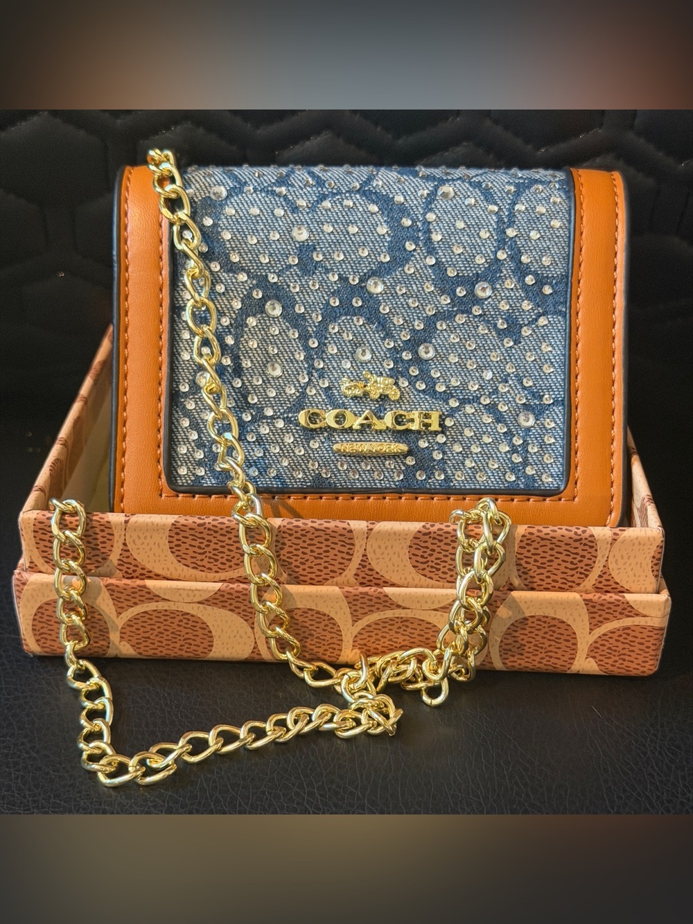 Coach Denim & Saddle Tan Leather Mini Chain Crossbody with Gold Hardware